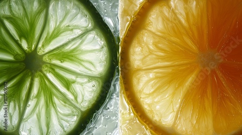 Macro lemon backgroundMacro LimeLemon and green lime overlapped slices closeup background - ai photo