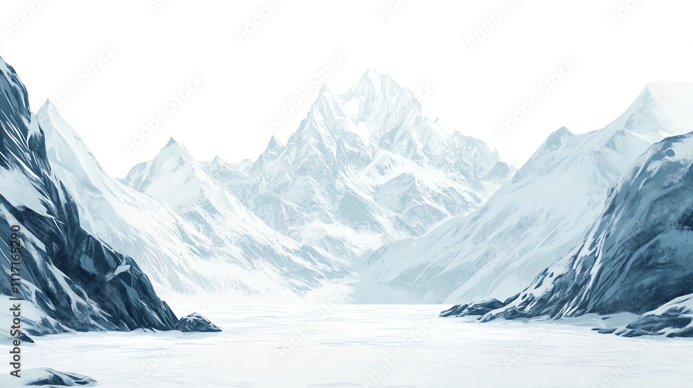 Obraz premium a 2D cartoon illustration of a snowy mountain landscape, cold and serene, white background--ar 16:9