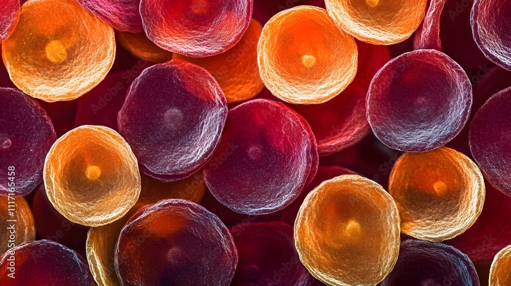 Blood cells under a microscope, glowing in radiant reds and oranges, with their surfaces revealing delicate textures and intricate shapes. Blood cells under a microscope, glowing in radiant reds and oranges, with their surfaces revealing delicate textures and intricate shapes.