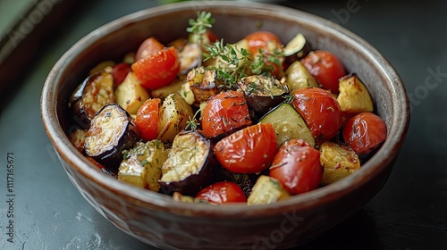 Tomatoes, eggplant, and zucchini are roasted in a vegetable ratatouille in a rustic bowl on a dark table. 