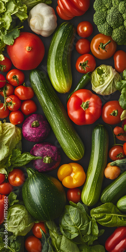 A colorful assortment of vegetables including tomatoes, cucumbers, and broccoli. Concept of abundance and freshness, showcasing the variety of produce available