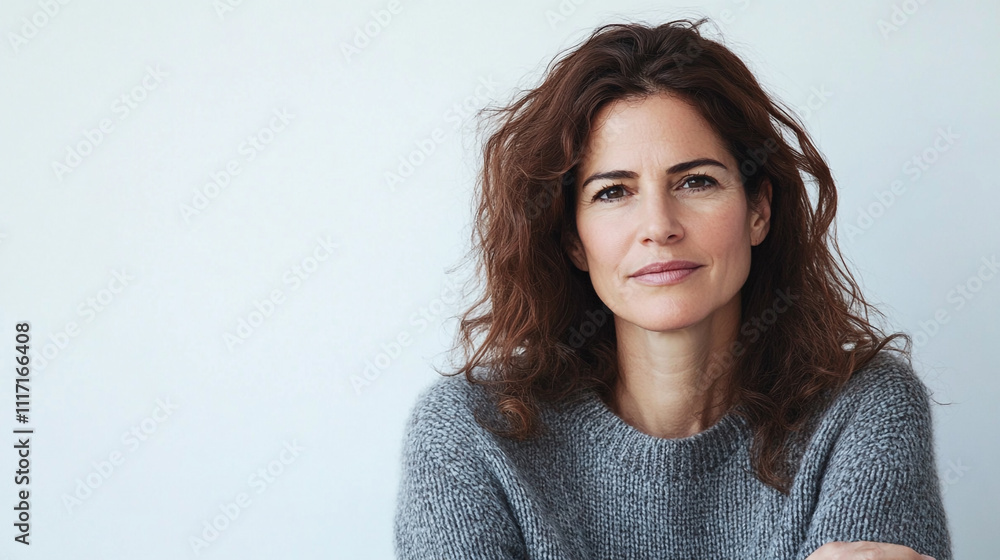 Confident Mature Woman Portrait Grey Sweater Curly Hair Confident Mature Woman Portrait Grey Sweater Curly Hair