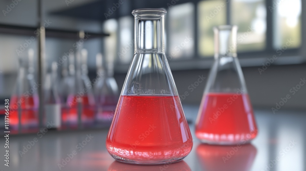 Laboratory flasks with vibrant red liquid Laboratory flasks with vibrant red liquid