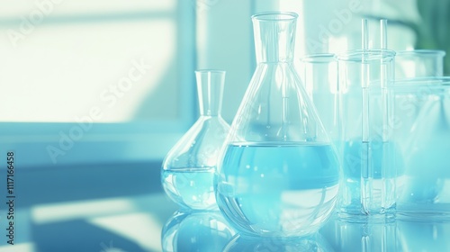 Laboratory glassware with blue liquid in focus. photo