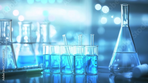 Laboratory glassware with blue liquid and light. photo