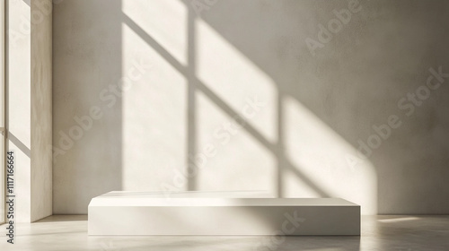 Minimalist White Platform  Sunlit Room  Empty Display  Concrete Wall
