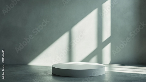 Minimalist White Cylinder Display Platform on Concrete Floor with Light and Shadow