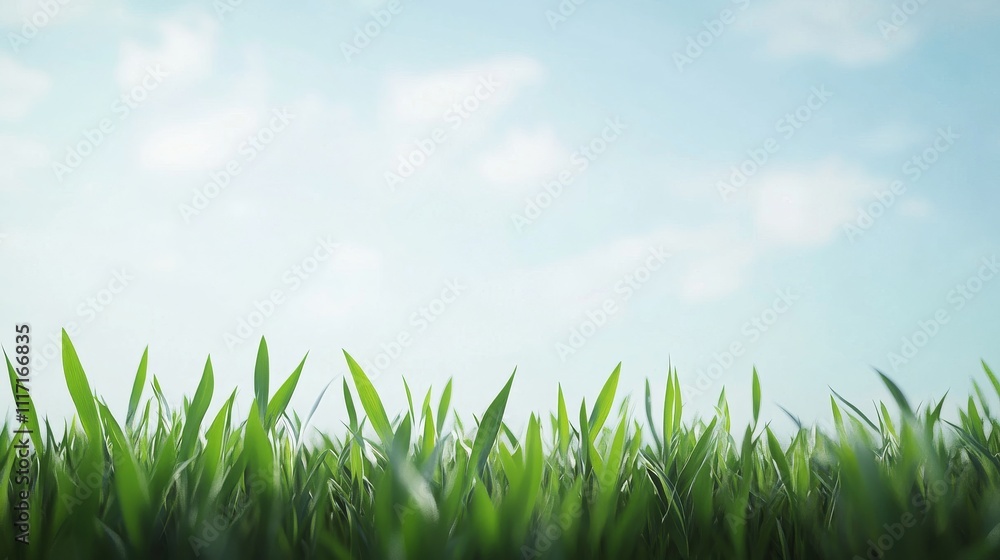 Fototapeta premium Lush green grass under a clear blue sky.