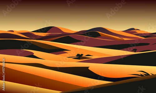 Landscape with sandy dunes of desert, vector illustration.