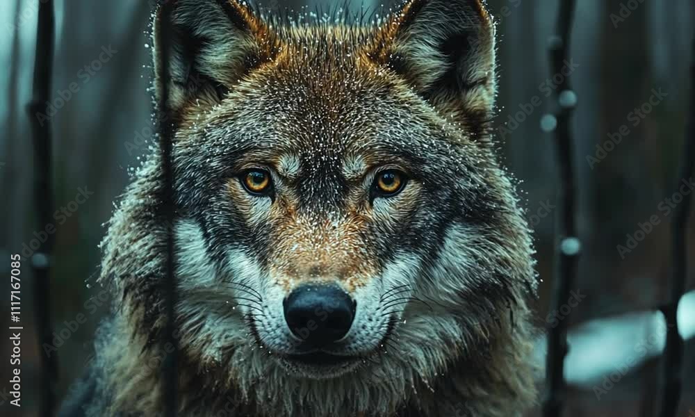 A close-up of a wolf with striking eyes and a textured fur coat. A close-up of a wolf with striking eyes and a textured fur coat.