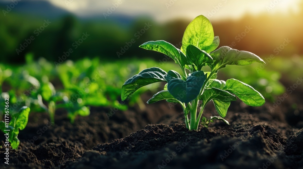 Fresh Spinach Plant Growing in a Fertile Soil Field, with Sunlight Glimmering Over Lush Green Leaves in a Vibrant Agricultural Landscape Fresh Spinach Plant Growing in a Fertile Soil Field, with Sunlight Glimmering Over Lush Green Leaves in a Vibrant Agricultural Landscape