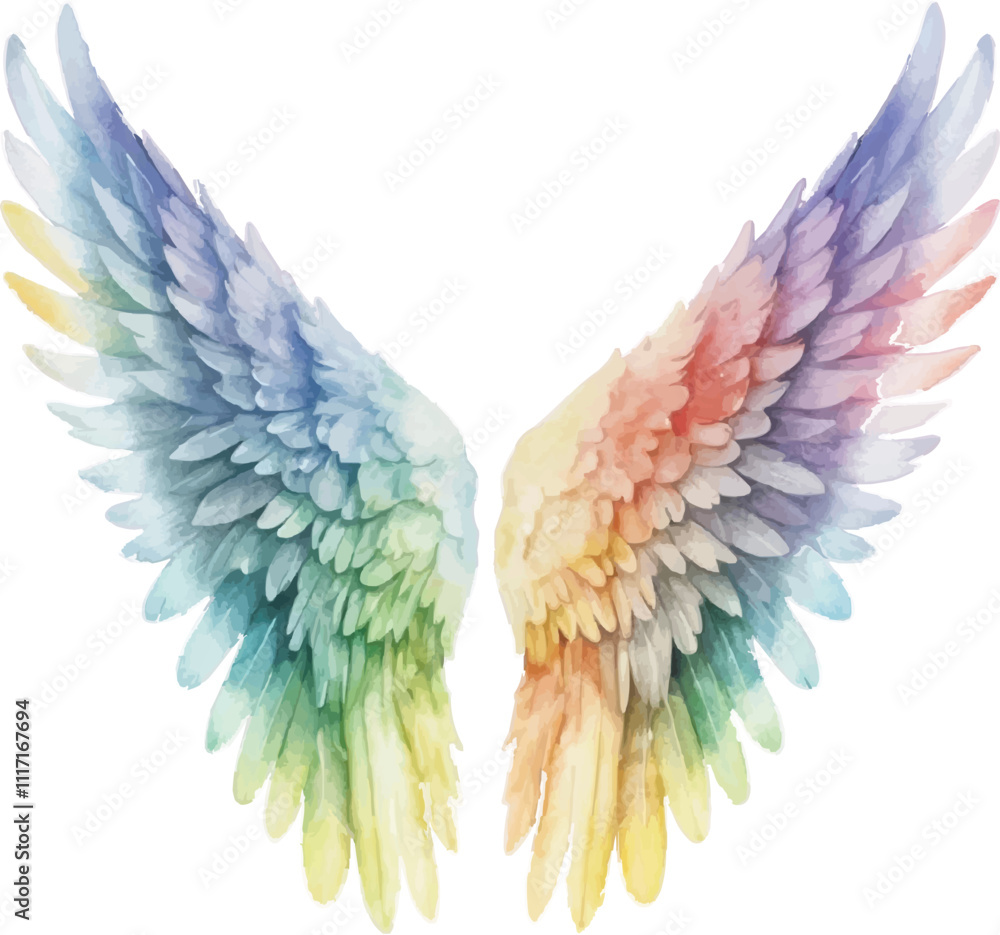 Fototapeta premium Rainbow angel wings watercolor illustration isolated
