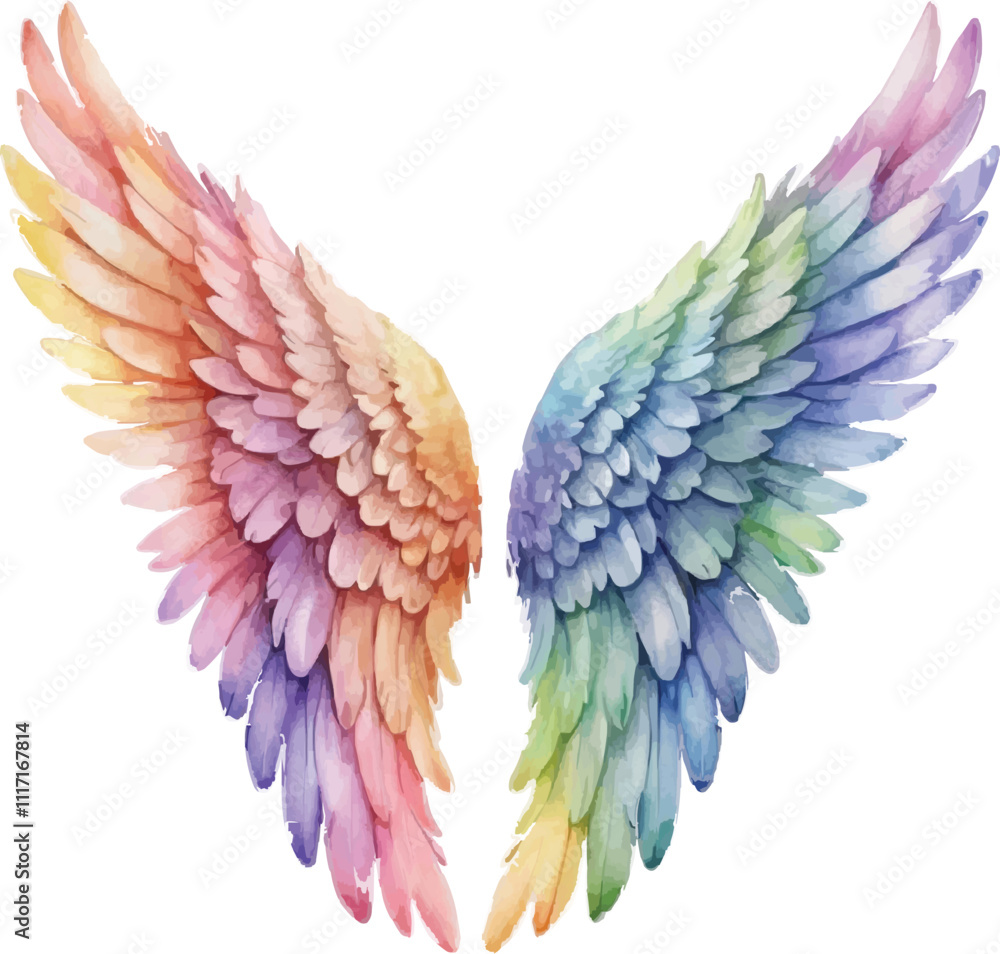 Fototapeta premium Rainbow angel wings watercolor illustration isolated