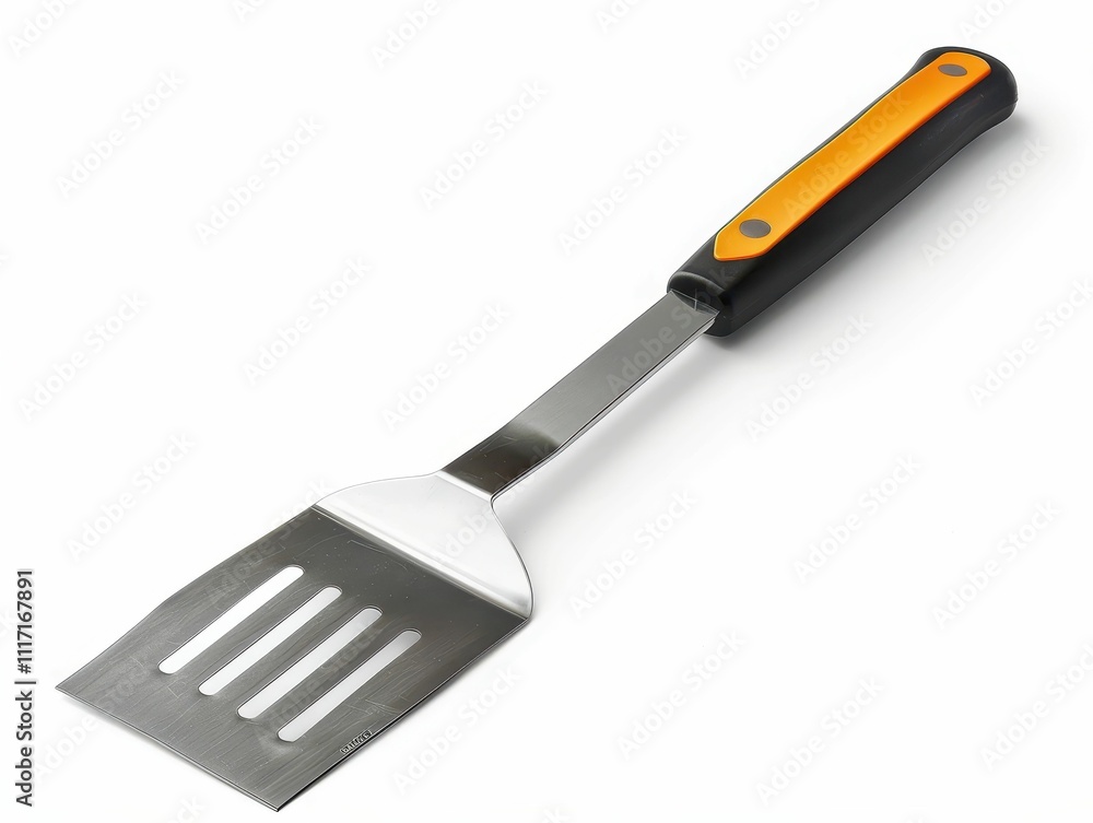 A stainless steel spatula with a black and orange handle, ideal for flipping and serving food during cooking or grilling. A stainless steel spatula with a black and orange handle, ideal for flipping and serving food during cooking or grilling.
