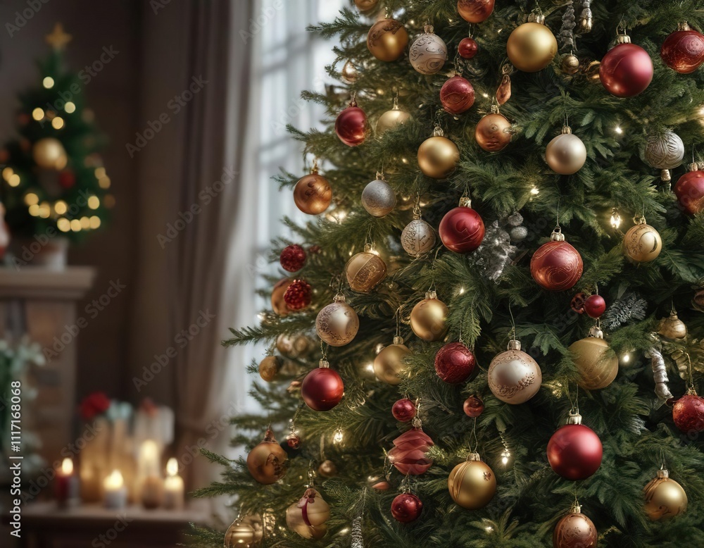 Foliage and ornaments adorning the Christmas tree, greenery, garlands Foliage and ornaments adorning the Christmas tree, greenery, garlands