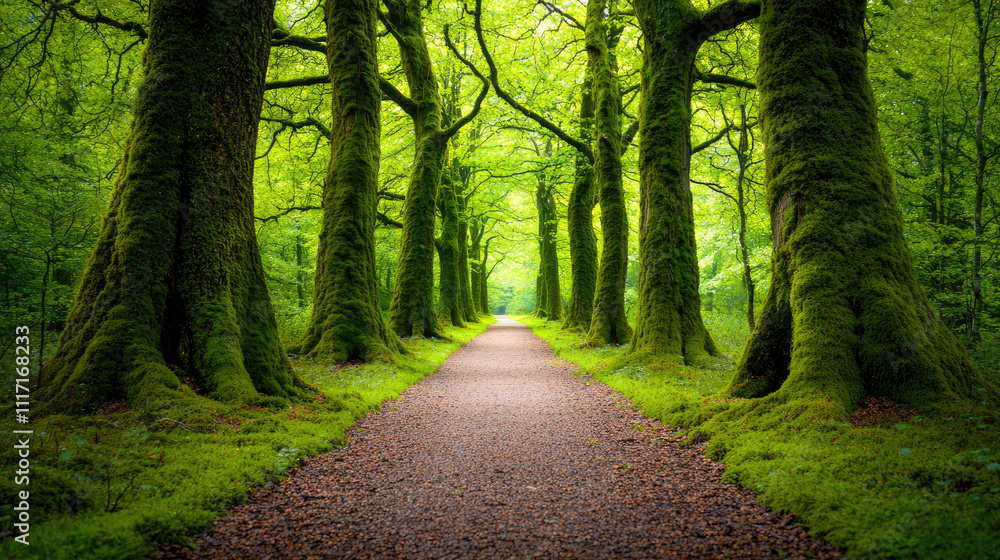 Naklejka premium A serene pathway lined with lush green trees and vibrant moss-covered trunks.