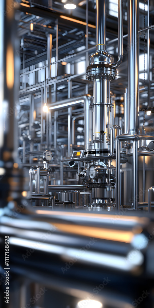 A large industrial building with many pipes and valves. The image is a close up of the pipes and valves A large industrial building with many pipes and valves. The image is a close up of the pipes and valves