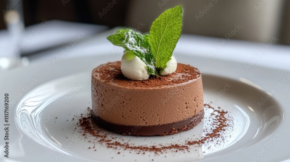 Elegant Chocolate Mousse Dessert with Mint Garnish on White Plate Elegant Chocolate Mousse Dessert with Mint Garnish on White Plate