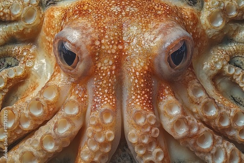 Close-up of an octopus showcasing its eyes and tentacles with intricate textures.