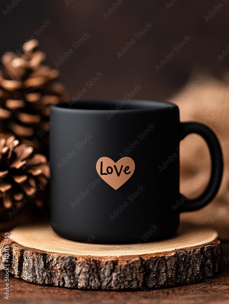 Fototapeta premium A matte black mug featuring a heart with the word 