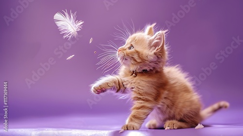 Kitten pouncing on a moving feather on pruple background photo