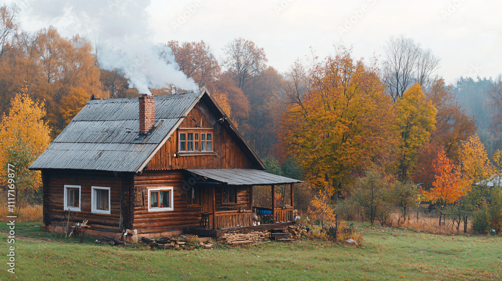Obraz premium A picturesque traditional wooden house with smoke curling from the chimney, creating a warm Thanksgiving atmosphere.