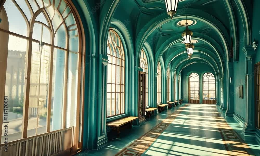 Teal Grand Hallway: Sunlight Through Gothic Windows Teal Grand Hallway: Sunlight Through Gothic Windows