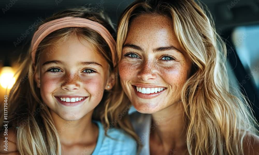 Smiling woman and girl posing closely for a joyful portrait. Smiling woman and girl posing closely for a joyful portrait.