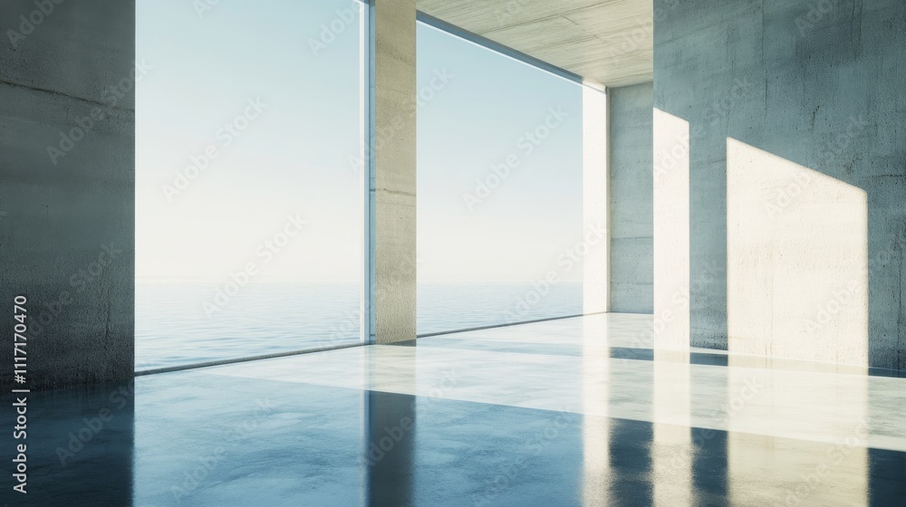 Obraz premium Modern interior with large windows and reflections.