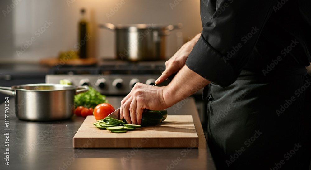 Chef slicing fresh vegetables on a wooden cutting board in a modern kitchen Chef slicing fresh vegetables on a wooden cutting board in a modern kitchen