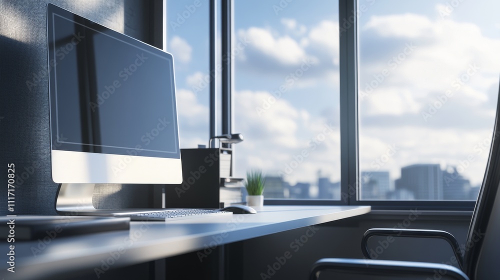 Modern office workspace with computer setup. Modern office workspace with computer setup.