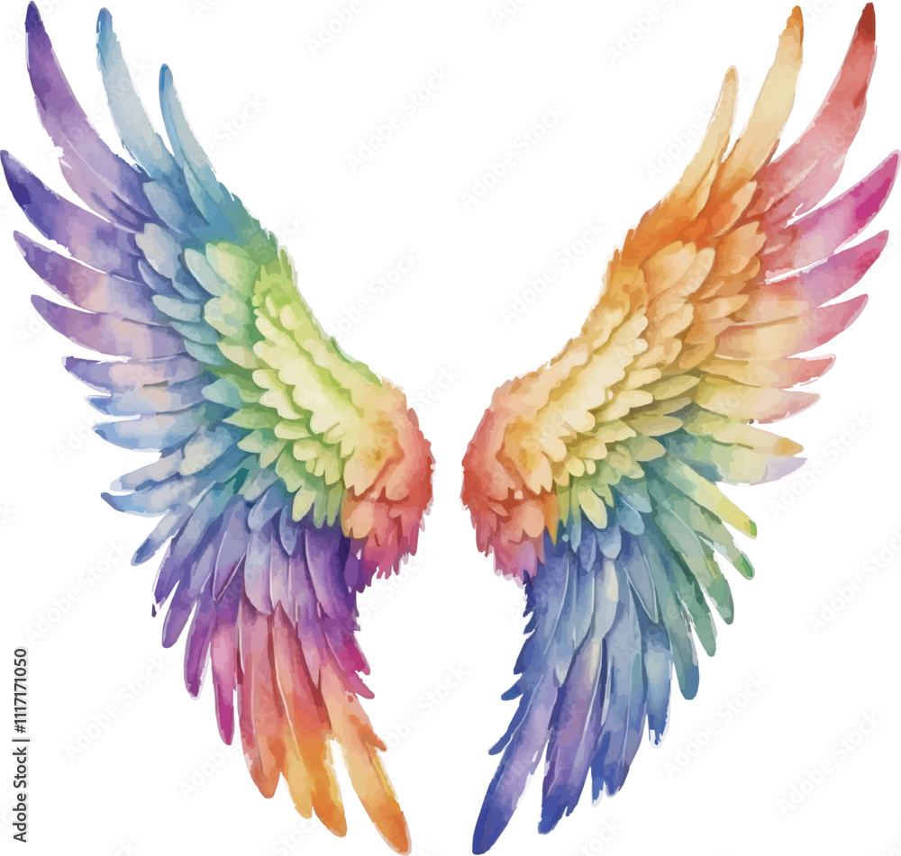 Obraz premium Vibrant Rainbow Angel Wings on White Background – Symbol of Hope and Freedom