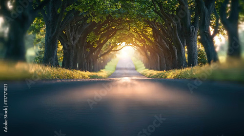 A serene road flanked by trees, leading to a bright light at the end, symbolizes journey.