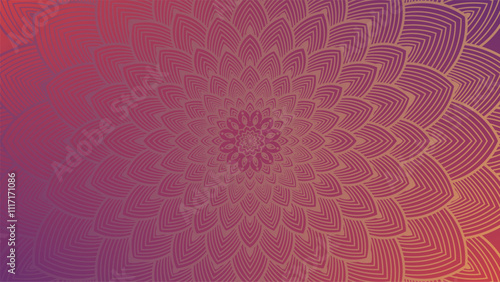 Round mandala on dreamy peach fuzz gradient background. Translucent mesh pattern in the form of a mandala. Mandala with floral patterns. New Year 2025