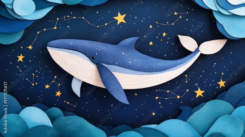 Φωτογραφία Blue Whale Swimming in a Starry Night Sky Surrounded by Colorful Clouds and Gold