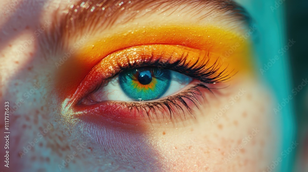 Close-Up of Colorful Eye Makeup with Vibrant Orange and Yellow Tones Close-Up of Colorful Eye Makeup with Vibrant Orange and Yellow Tones