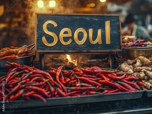 Vibrant Korean Street Food Stall in Seoul with Variety of Ingredients and Inviting Atmosphere