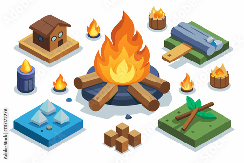 Campfire Scene With Supplies and Structures for Outdoor Activities