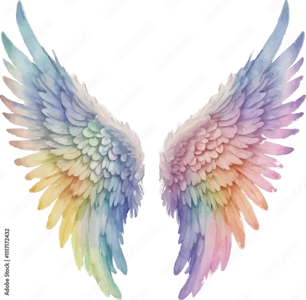 Fototapeta premium Vibrant Rainbow Angel Wings on White Background – Symbol of Hope and Freedom