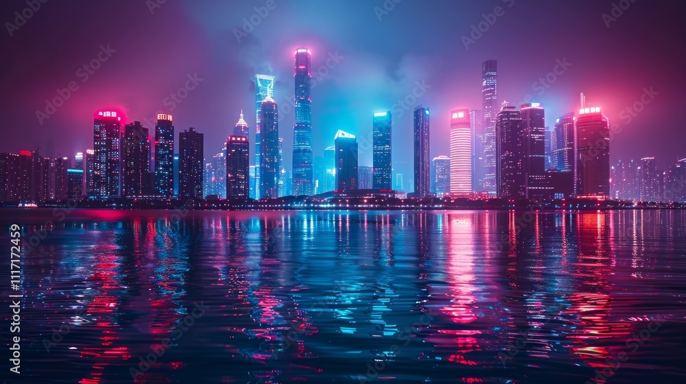 Vibrant city skyline at night reflected in calm water. Vibrant city skyline at night reflected in calm water.