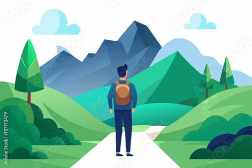 Hiker Exploring a Serene Mountain Landscape With Lush Greenery in the Background