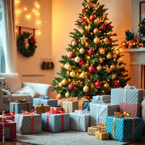 Cozy Christmas Living Room with Decorated Tree and Gifts. photo