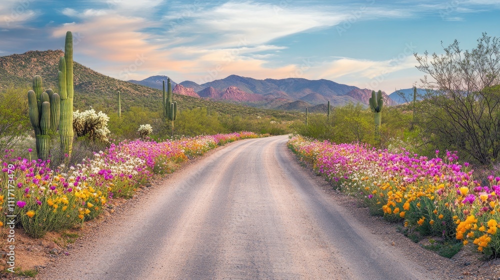 Fototapeta premium Scenic Desert Road with Colorful Wildflowers and Mountain Backdrop