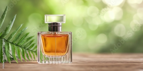 perfume bottle with a dark amber liquid on wooden desk with green leaves on corner against blur nature background