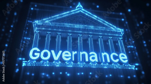 low polygonal texture of court building, and scales of justice with text Governance on dark blue background