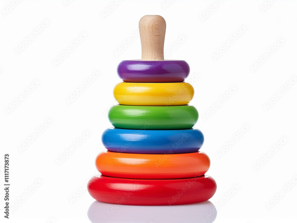 A vibrant wooden stacking toy with rainbow-colored rings arranged in descending size on a natural wooden rod. The glossy finish and minimalistic white background highlight its playful and educational A vibrant wooden stacking toy with rainbow-colored rings arranged in descending size on a natural wooden rod. The glossy finish and minimalistic white background highlight its playful and educational