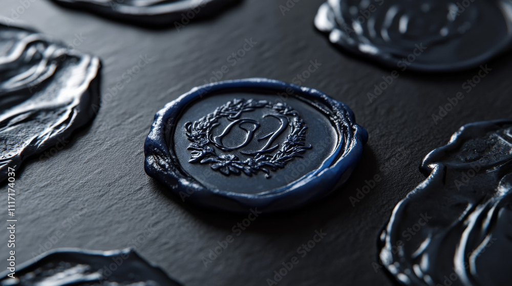 Obraz premium Close-up of a dark blue wax seal featuring an elegant monogram design