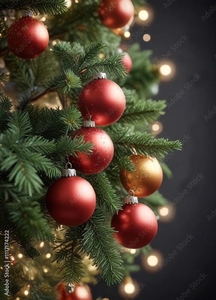 Glittering ornaments on a festive evergreen tree branch, Christmas, bauble, frosty Glittering ornaments on a festive evergreen tree branch, Christmas, bauble, frosty