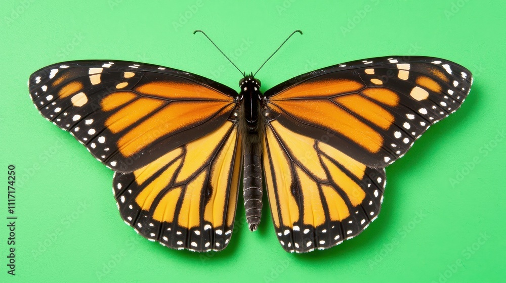 A butterfly with orange wings is sitting on a green surface A butterfly with orange wings is sitting on a green surface