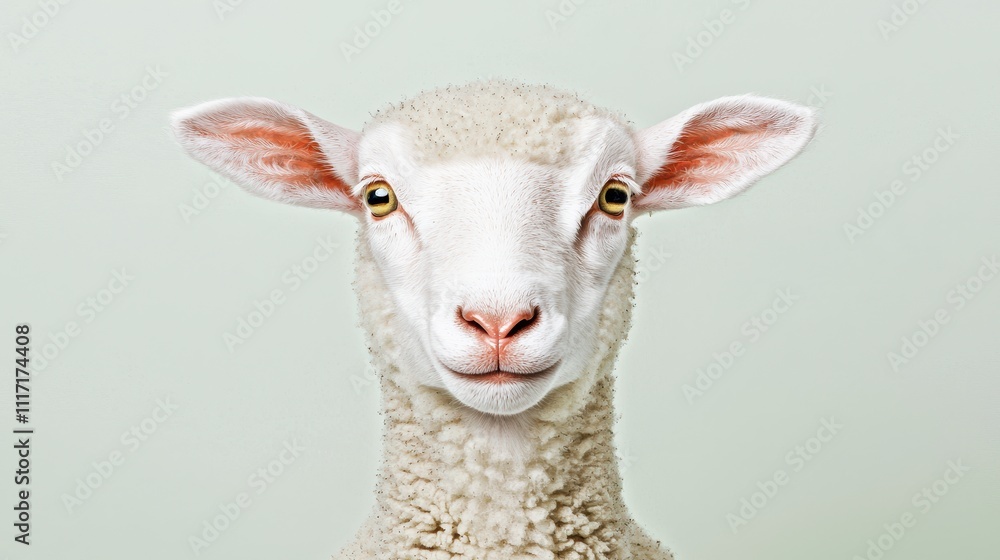 Fototapeta premium A sheep with a white face and pink ears is staring at the camera
